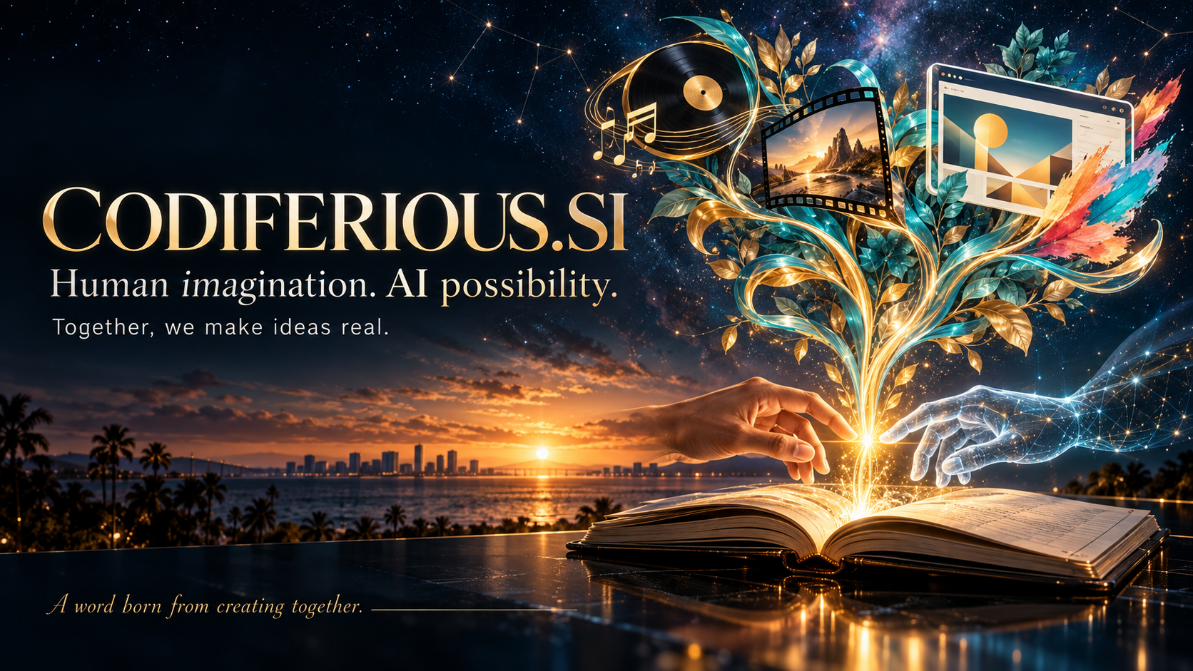 Codiferious.si: Human imagination. AI possibility. Together, we make ideas real. A human hand and a digital hand meet above a glowing book, bringing music, film, and design to life.